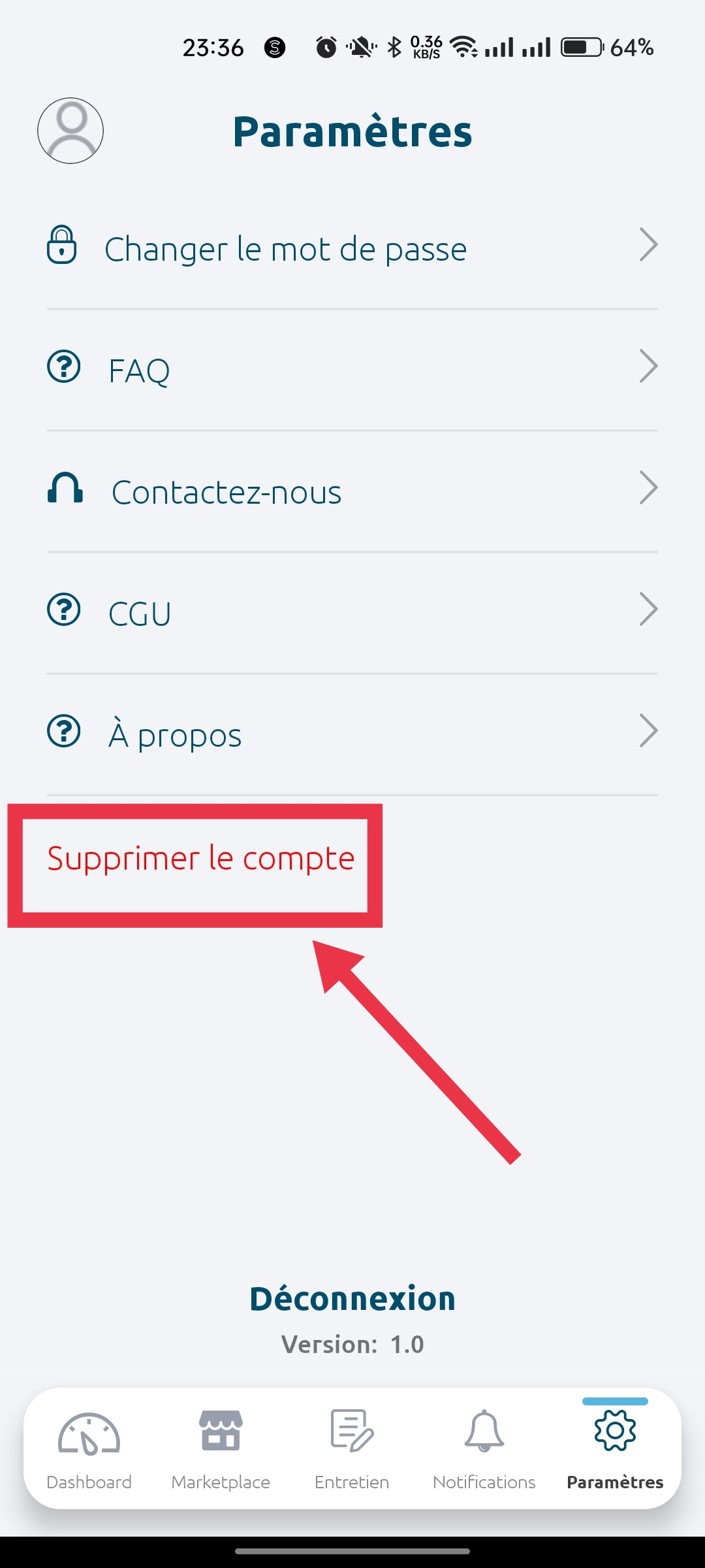 Sélectionner Supprimer le compte